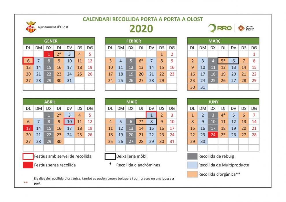 Calendari de recollida de residus porta a porta pel 1r semestre de 2020